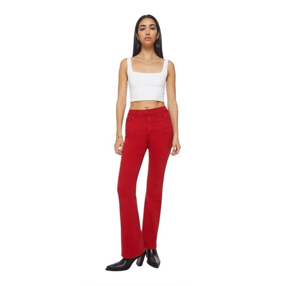 MOTHER Denim - Mother High Waisted Weekender Skimp Flare Leg Stretch Vibrant Haute Red Size 27